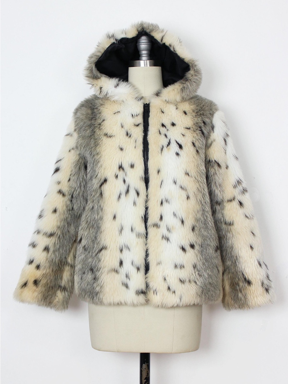 Vintage 80’s Rothschild Cream and Gray Faux Snow Leopard Fur Hooded Pea Coat